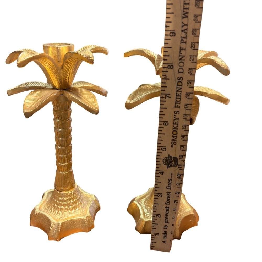 Gold Palm Tree Candle Holders Set 2 Metal Hollywood Regency Taper Candlestick 8" - Picture 5 of 9